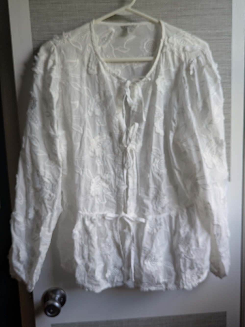 White Embroidered Tie-Neck Blouse